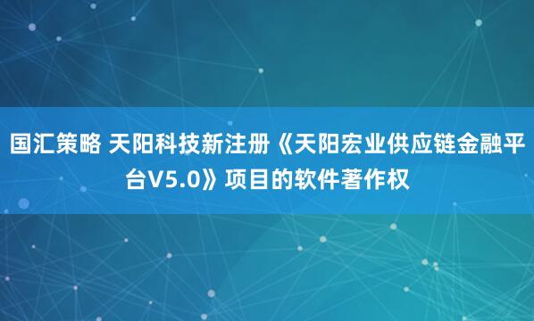 国汇策略 天阳科技新注册《天阳宏业供应链金融平台V5.0》项目的软件著作权